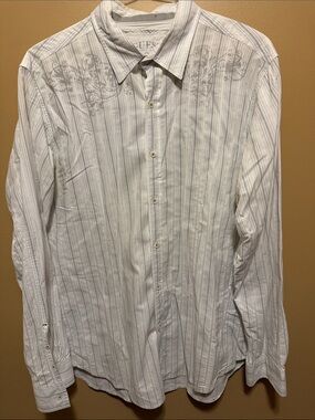 Guess Men's White Button-Down Shirt with Subtle Gray Stripe & Shoulder Print